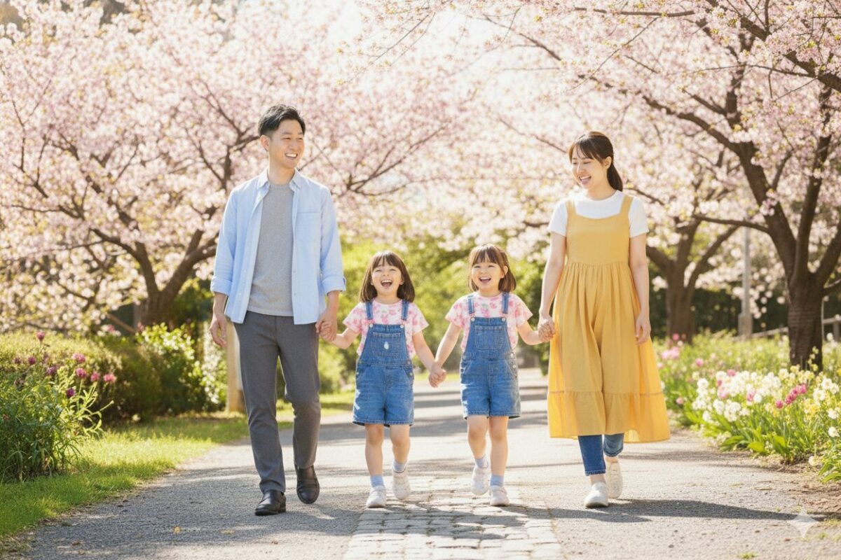 春に、家族が仲良くあるく様子
